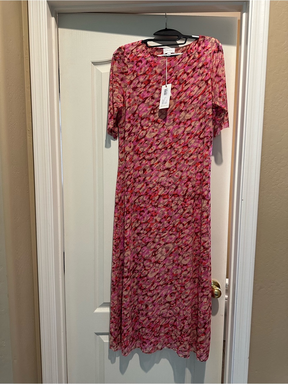 Women's Johnny Was Jade Pink Floral Print Short-Sleeve Maxi Dress mesh